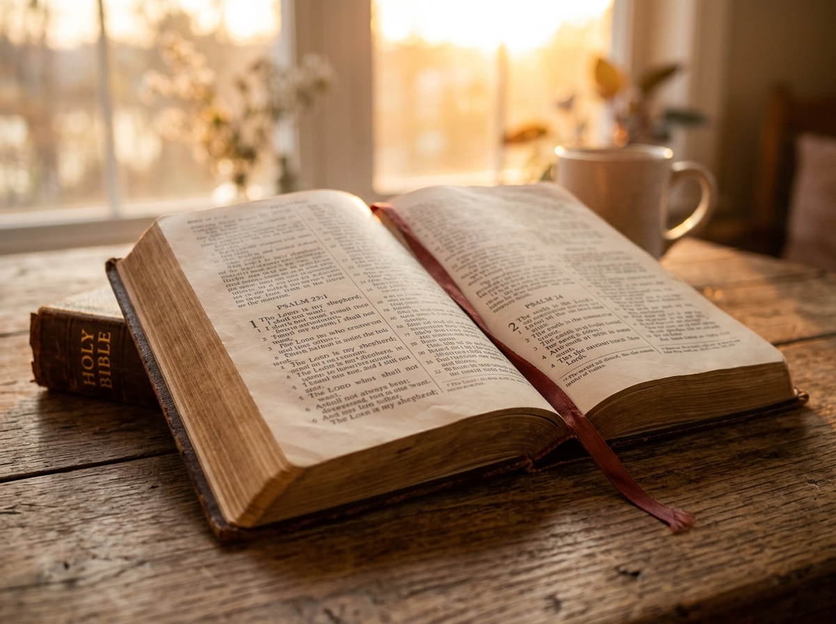 Holy Bible on wooden table in warm morning light