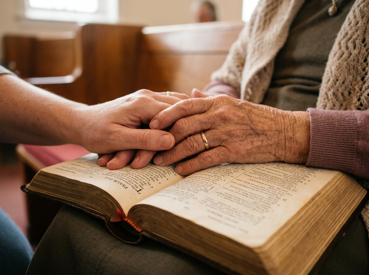Caring hands resting on Holy Bible