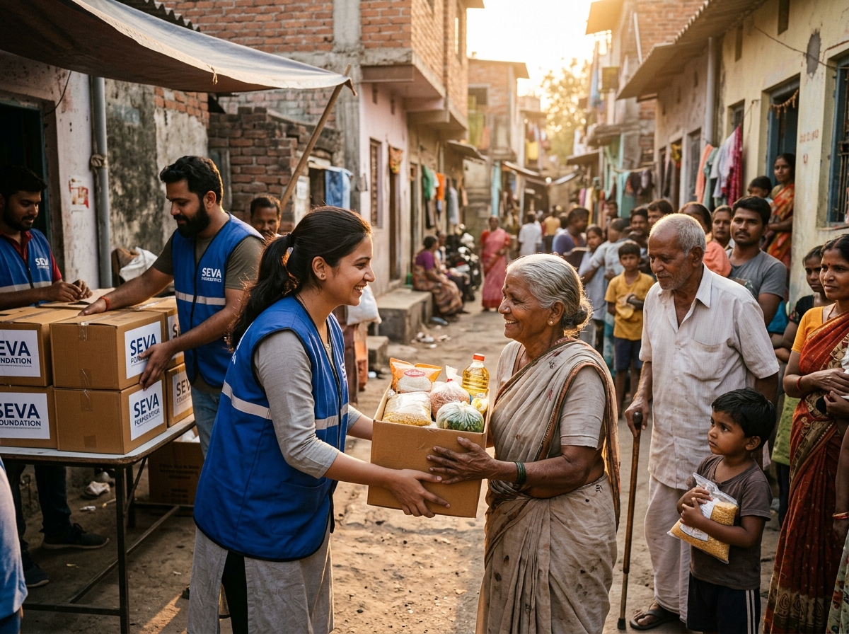 Volunteers distributing food aid